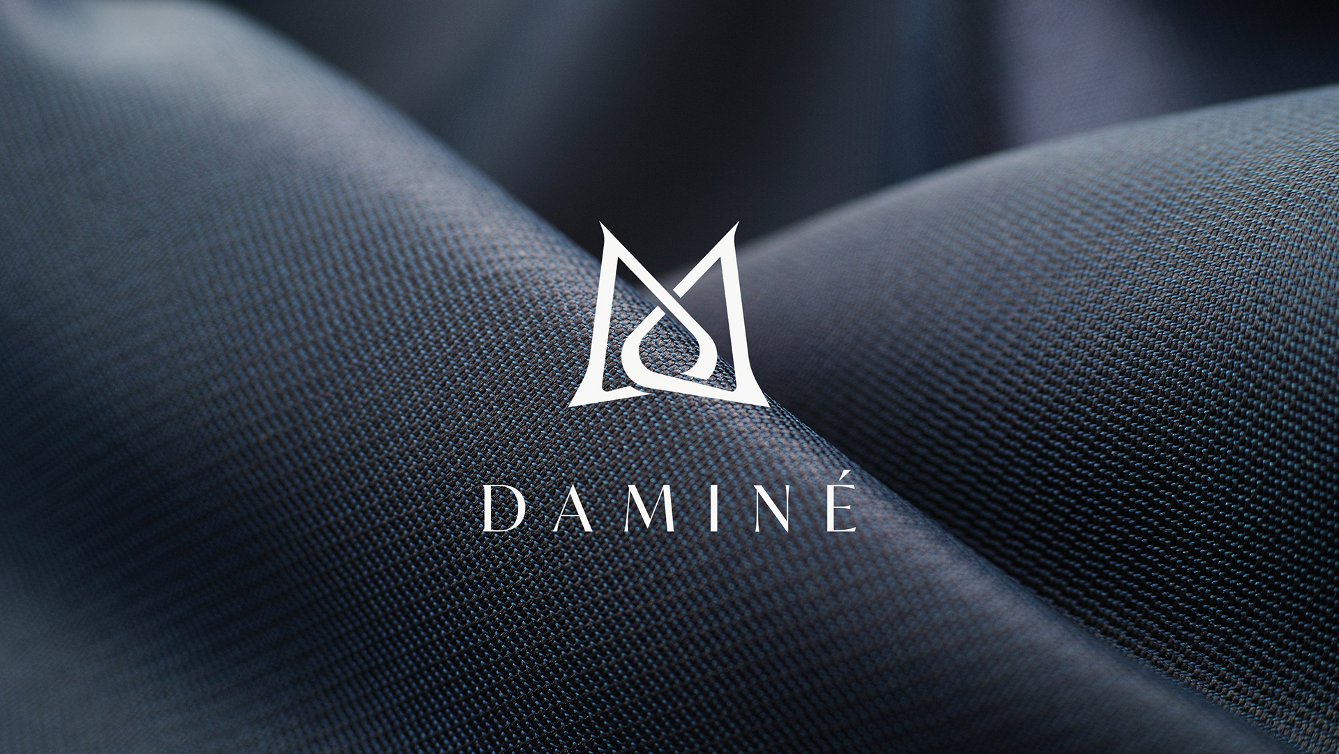 Daminé brand identity — monogram logo on navy fabric